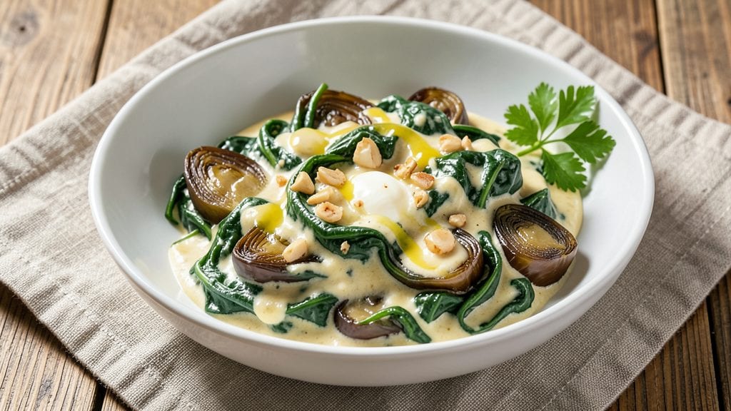 Creamed Spinach with Artichoke Hearts Recipe: Velvety Green Sauce with Briny Bite